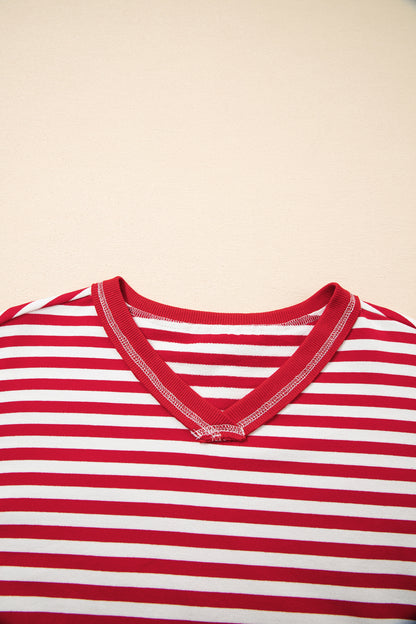 Striped Exposed-Seam V-Neck Pullover