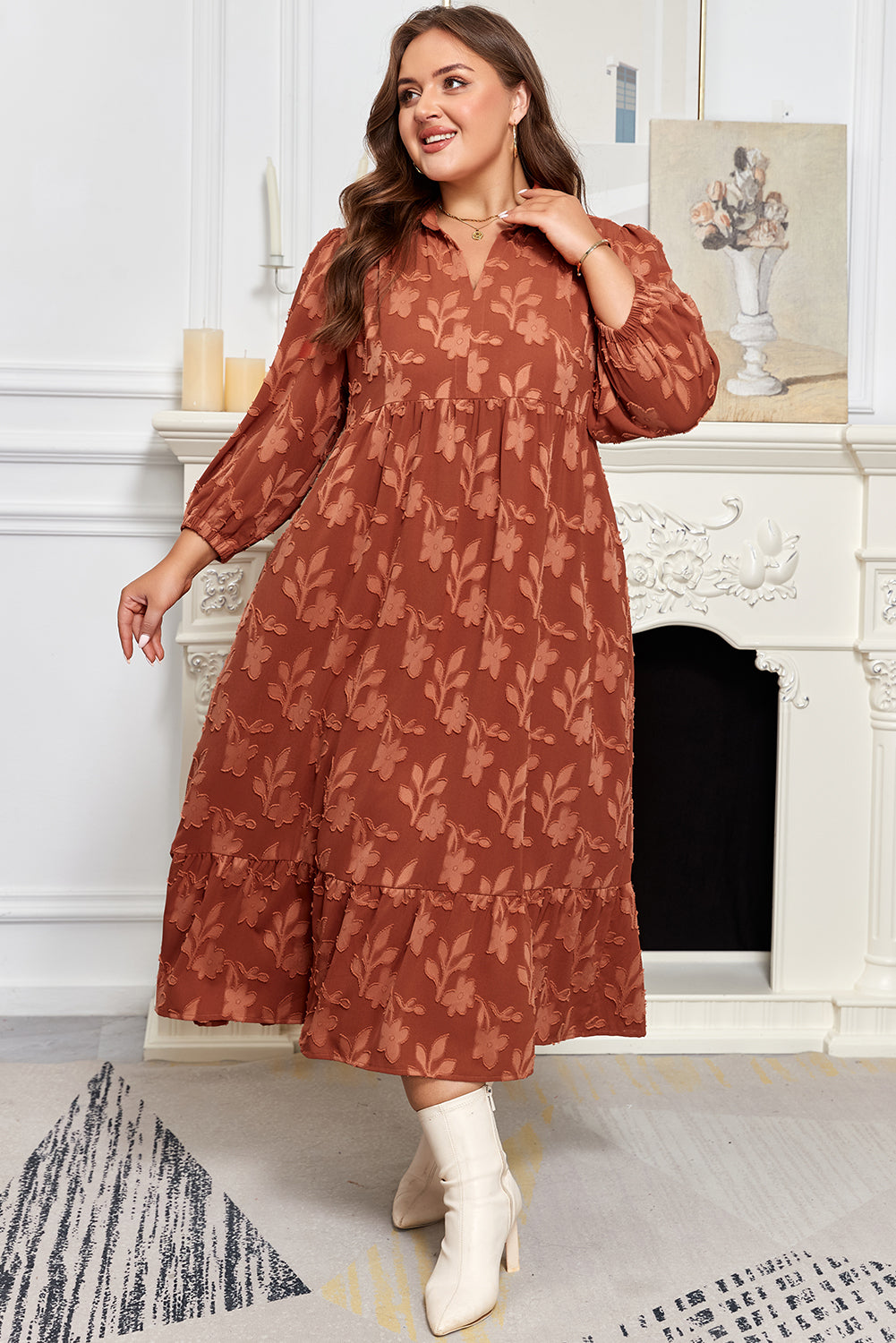 Cinnamon 3D Floral Ruffle Maxi Dress