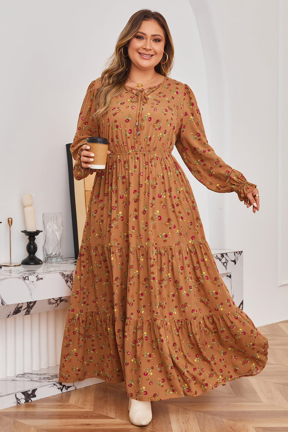 Brown Floral Tiered Maxi Dress