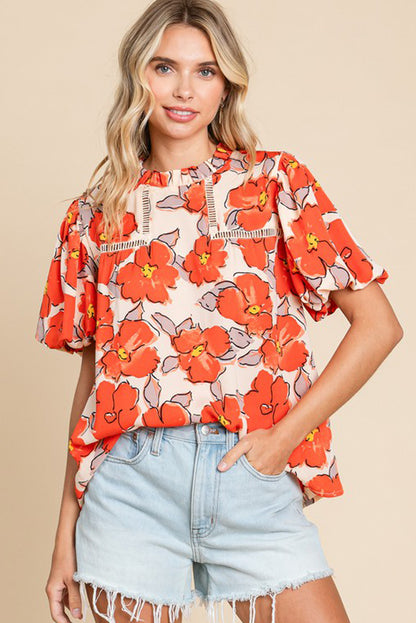 Floral Bubble-Sleeve Blouse