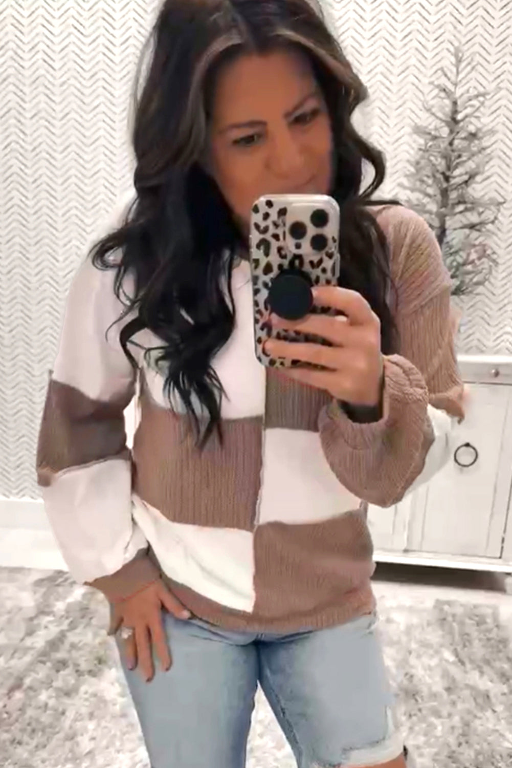 Khaki Check Colorblock Knit Top