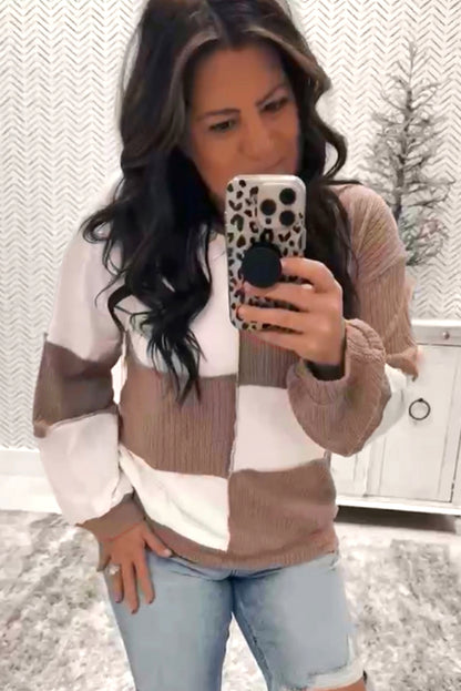 Khaki Check Colorblock Knit Top