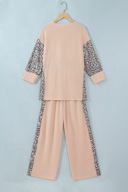Leopard Patchwork Corded Knit Top & Pants Set