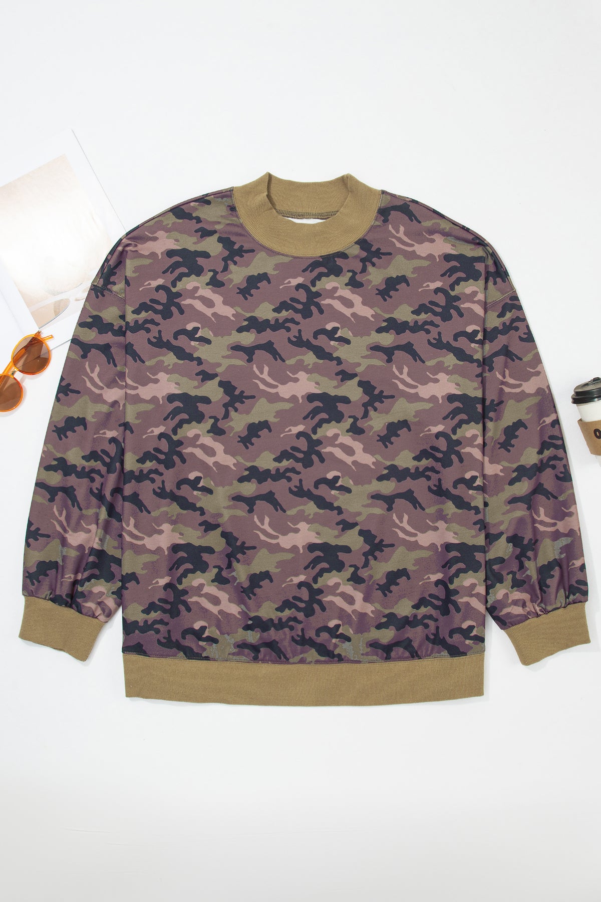 Green Camouflage Print High Neck Long Sleeve Oversized Shift Silhouette Tunic Length Plus Size Sweatshirt