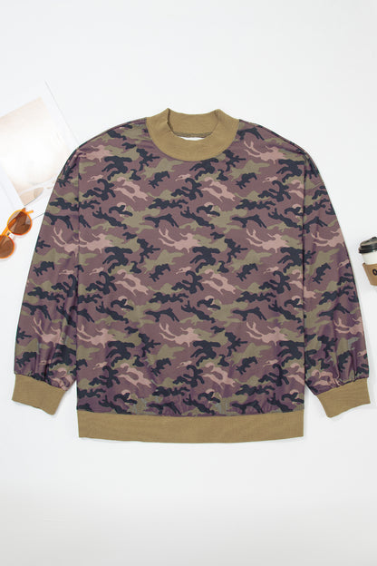 Green Camouflage Print High Neck Long Sleeve Oversized Shift Silhouette Tunic Length Plus Size Sweatshirt