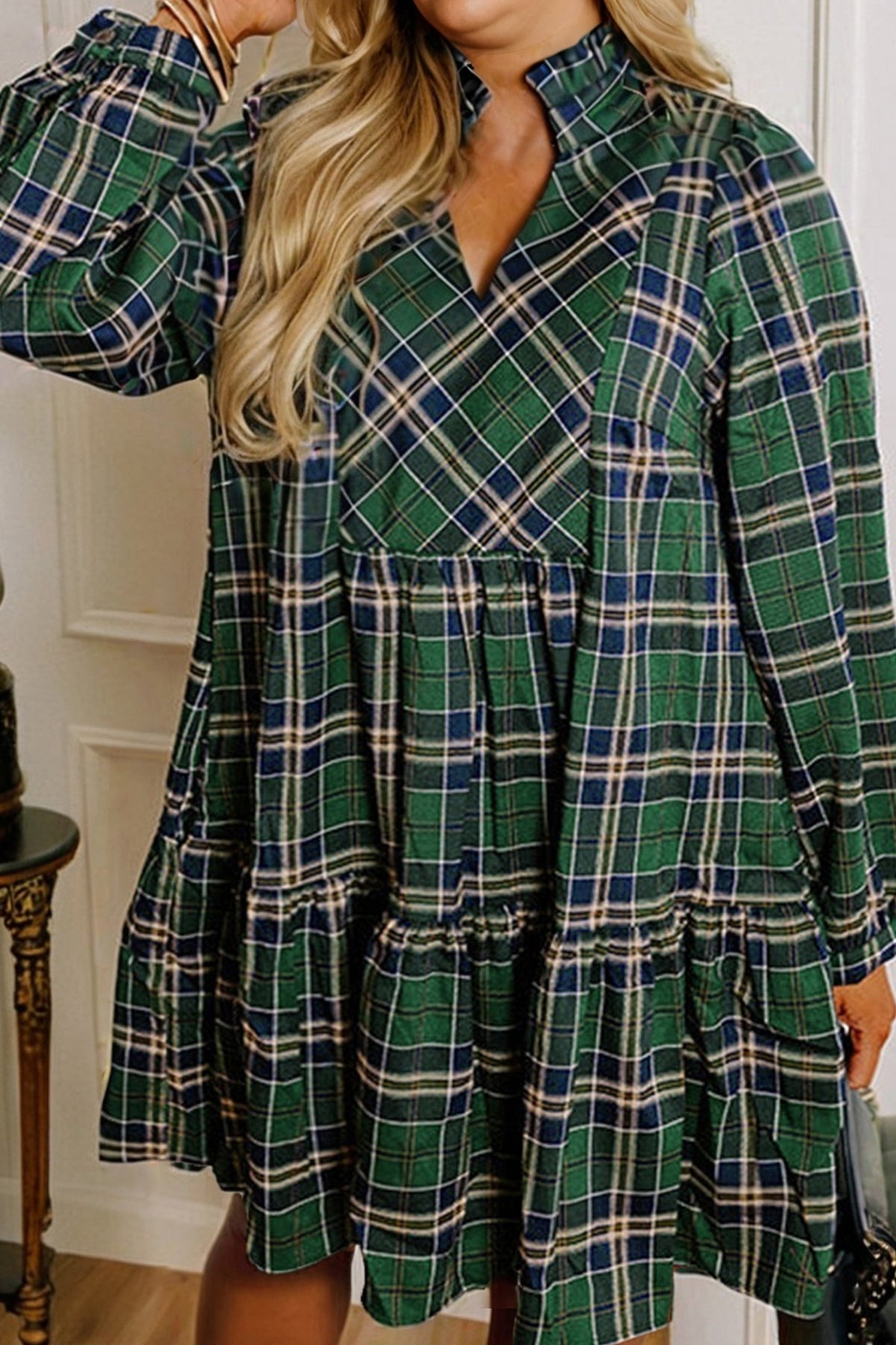 Green Plaid Notched-Neck Mini Dress