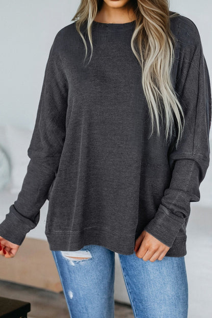 Waffle Knit Patchwork Long Sleeve Loose Top