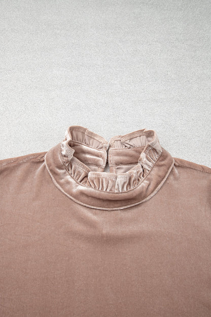 Solid Velvet Frilled Neck Long Sleeve Top