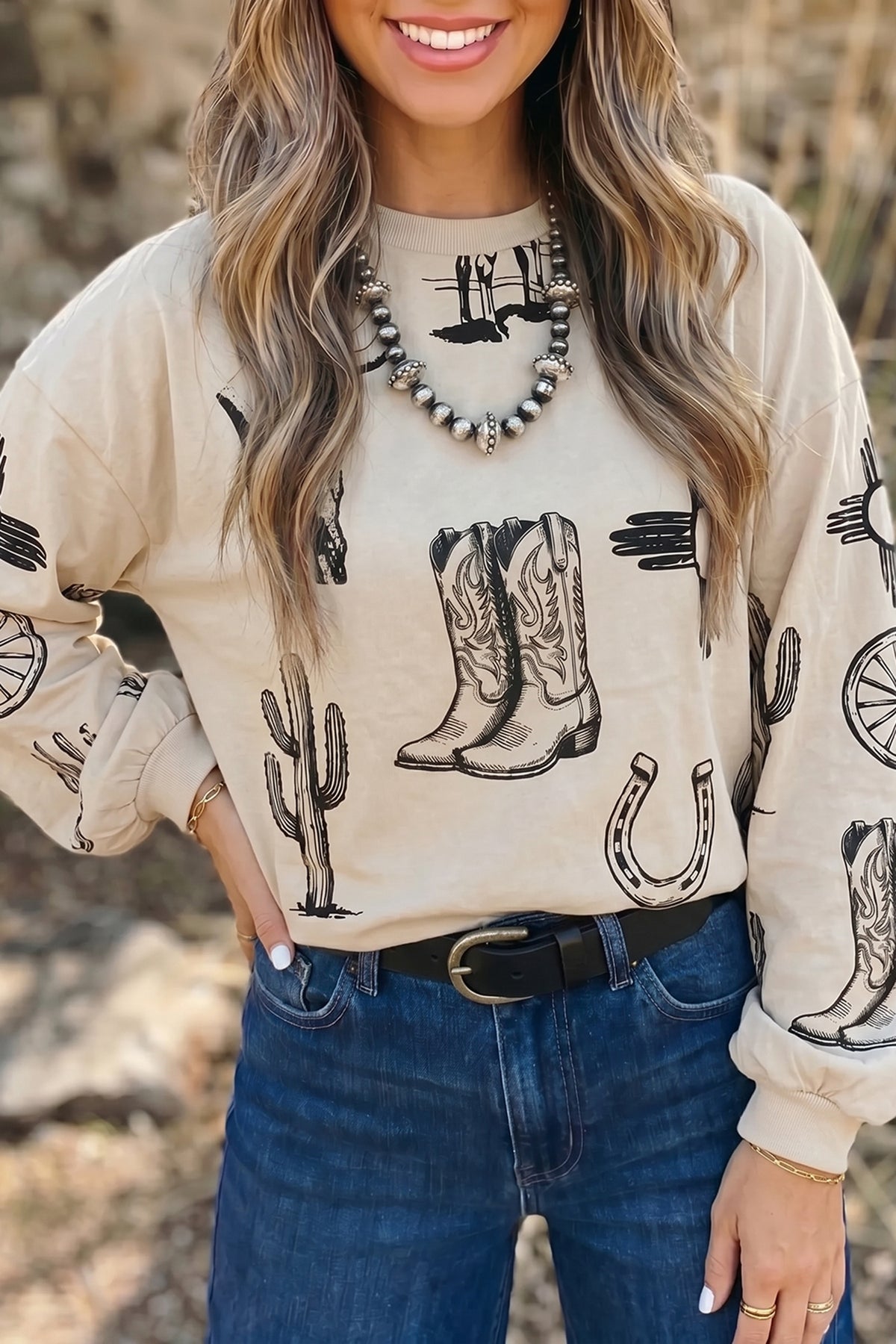 Western-Print Crewneck Top