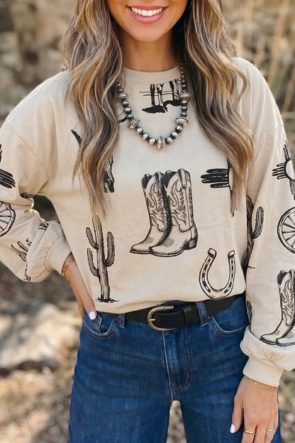 Western-Print Crewneck Top
