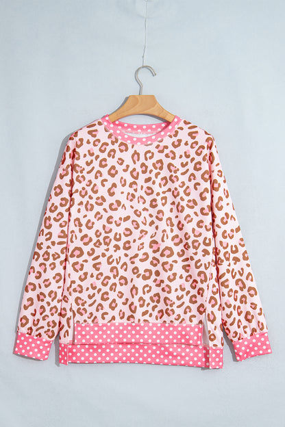 Leopard Polka Dot Colorblock Trim Long Sleeve Top