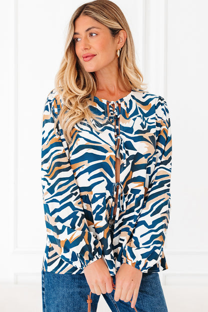 Zebra Tie-Front Puff-Sleeve Top