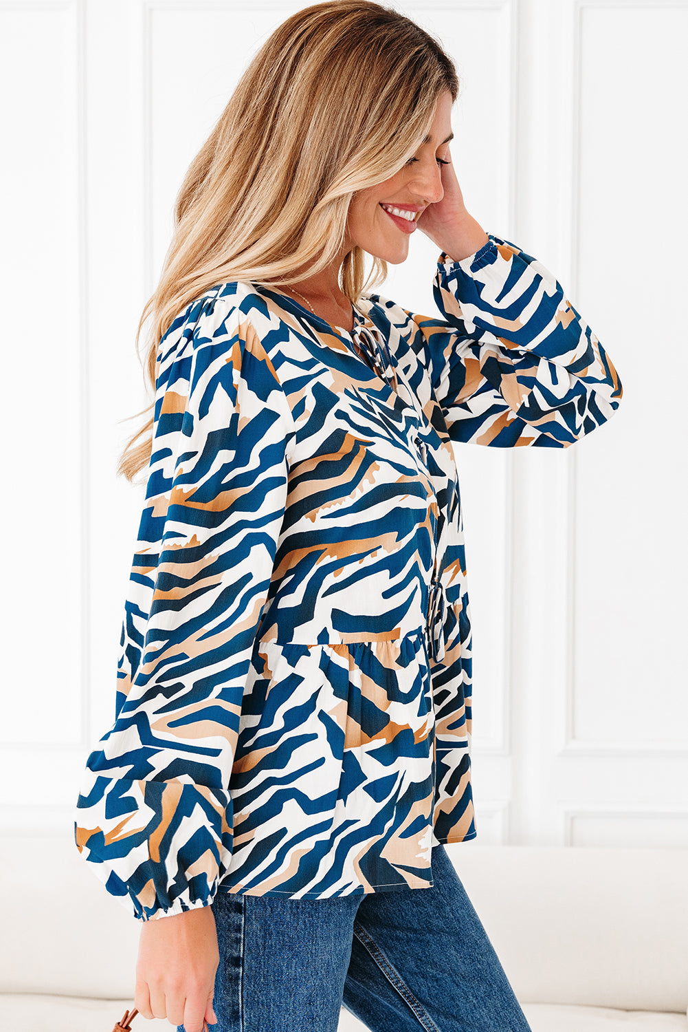 Zebra Tie-Front Puff-Sleeve Top