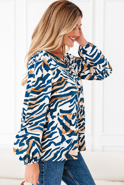 Zebra Tie-Front Puff-Sleeve Top