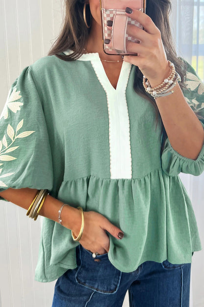 Embroidered Puff-Sleeve Babydoll Blouse