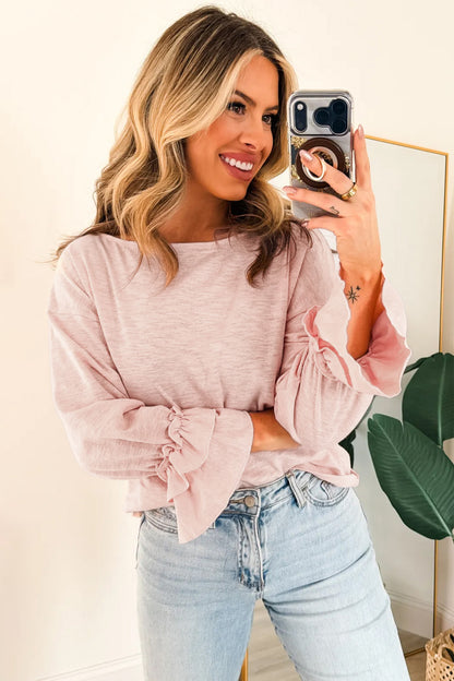 Gossamer Pink Long Sleeve Ruffle Cuff Elegant Top