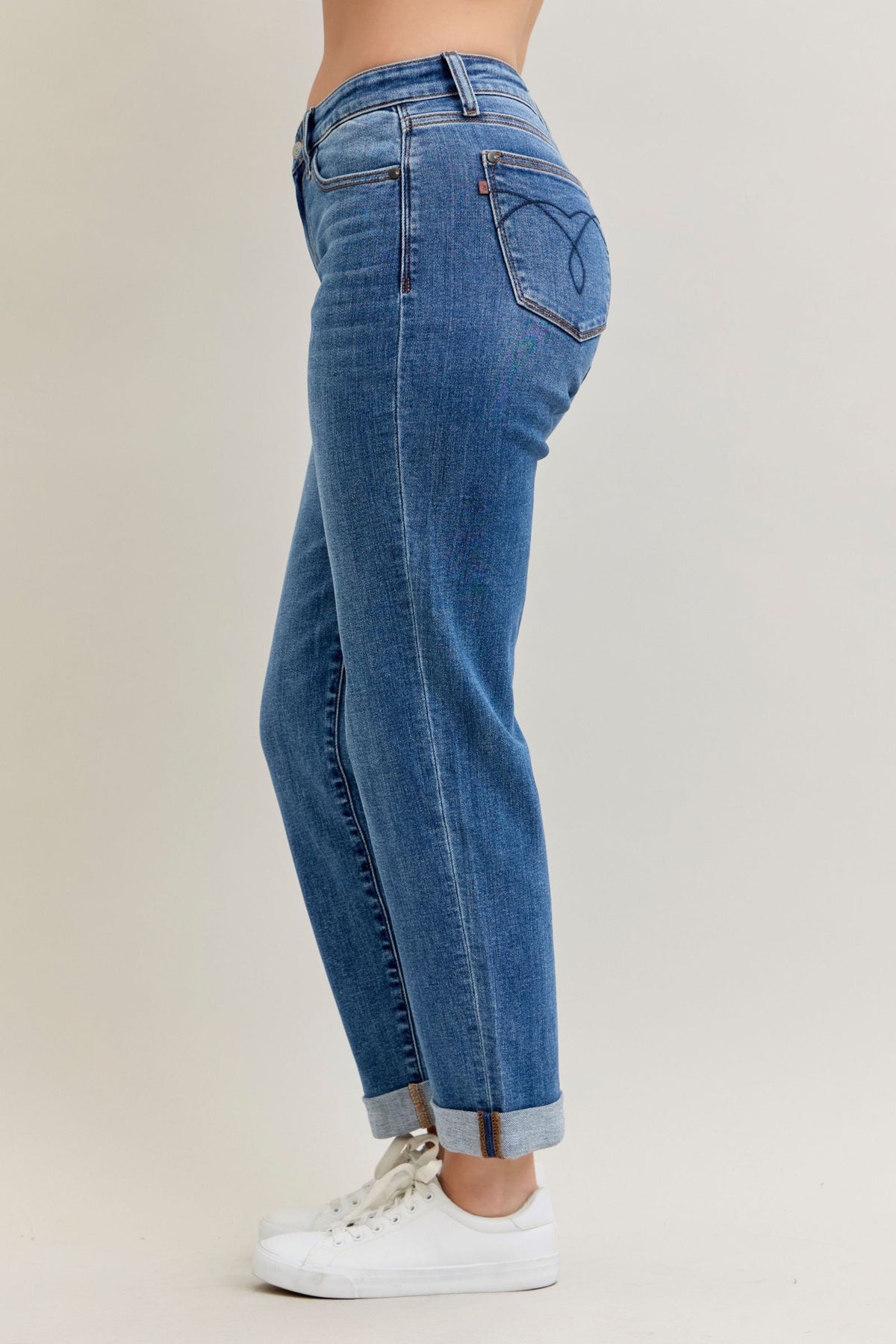 Judy Blue Mid Rise Embroidered Cuffed Boyfriend Jeans