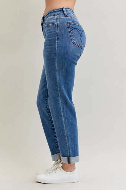 Judy Blue Mid Rise Embroidered Cuffed Boyfriend Jeans
