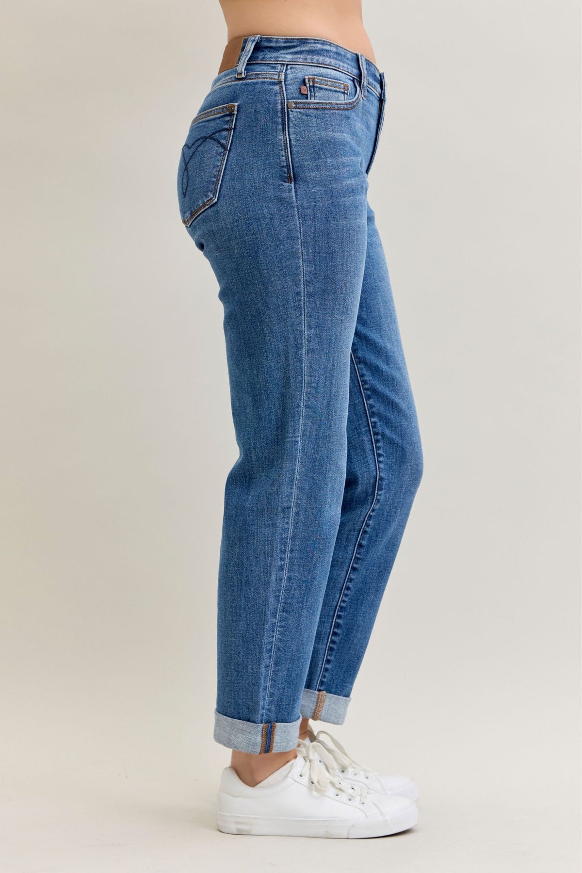 Judy Blue Mid Rise Embroidered Cuffed Boyfriend Jeans