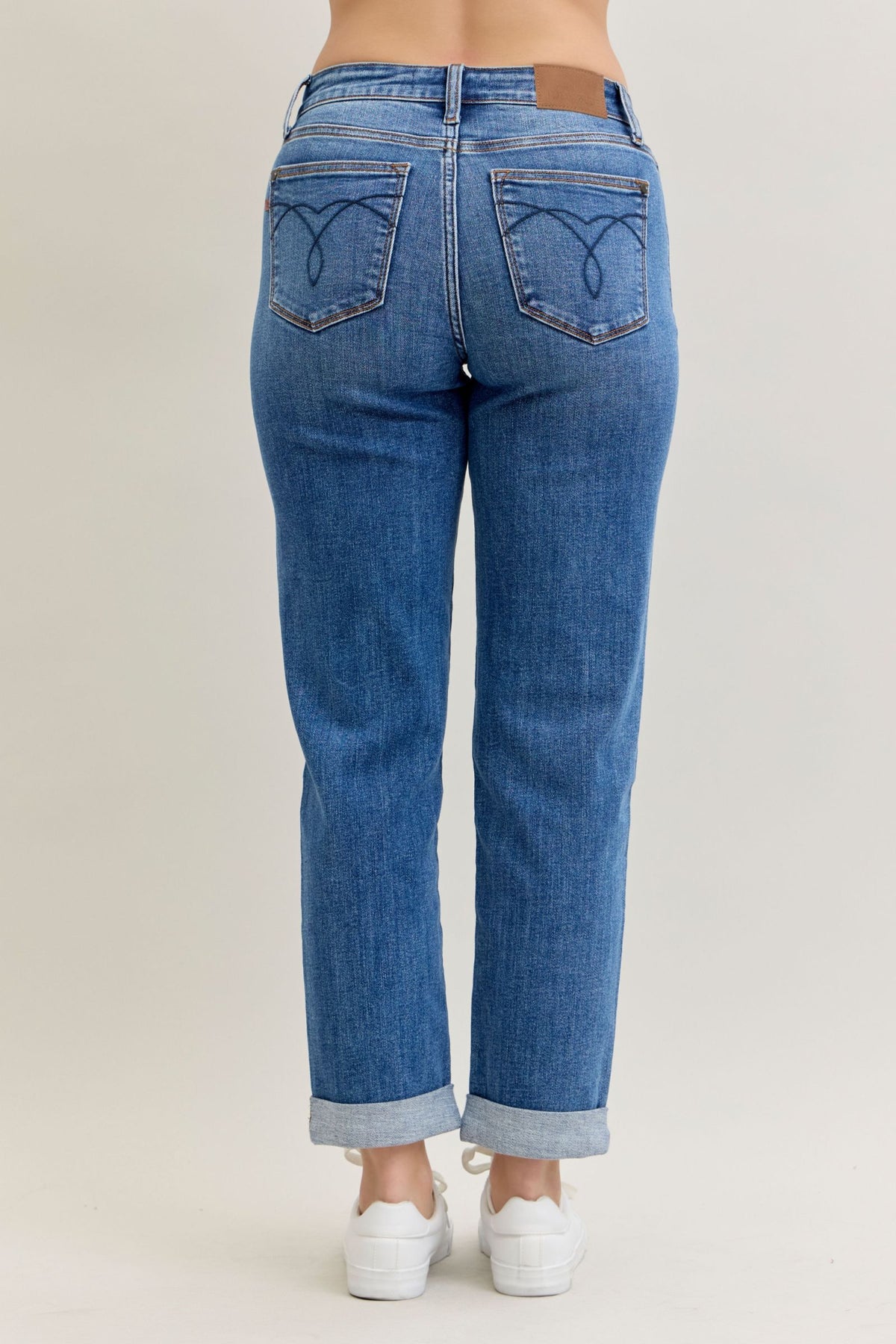 Judy Blue Mid Rise Embroidered Cuffed Boyfriend Jeans