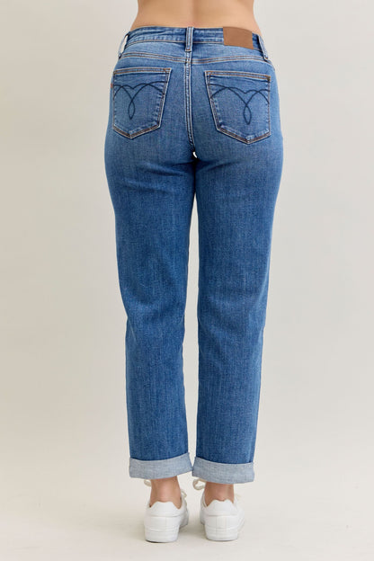 Judy Blue Mid Rise Embroidered Cuffed Boyfriend Jeans