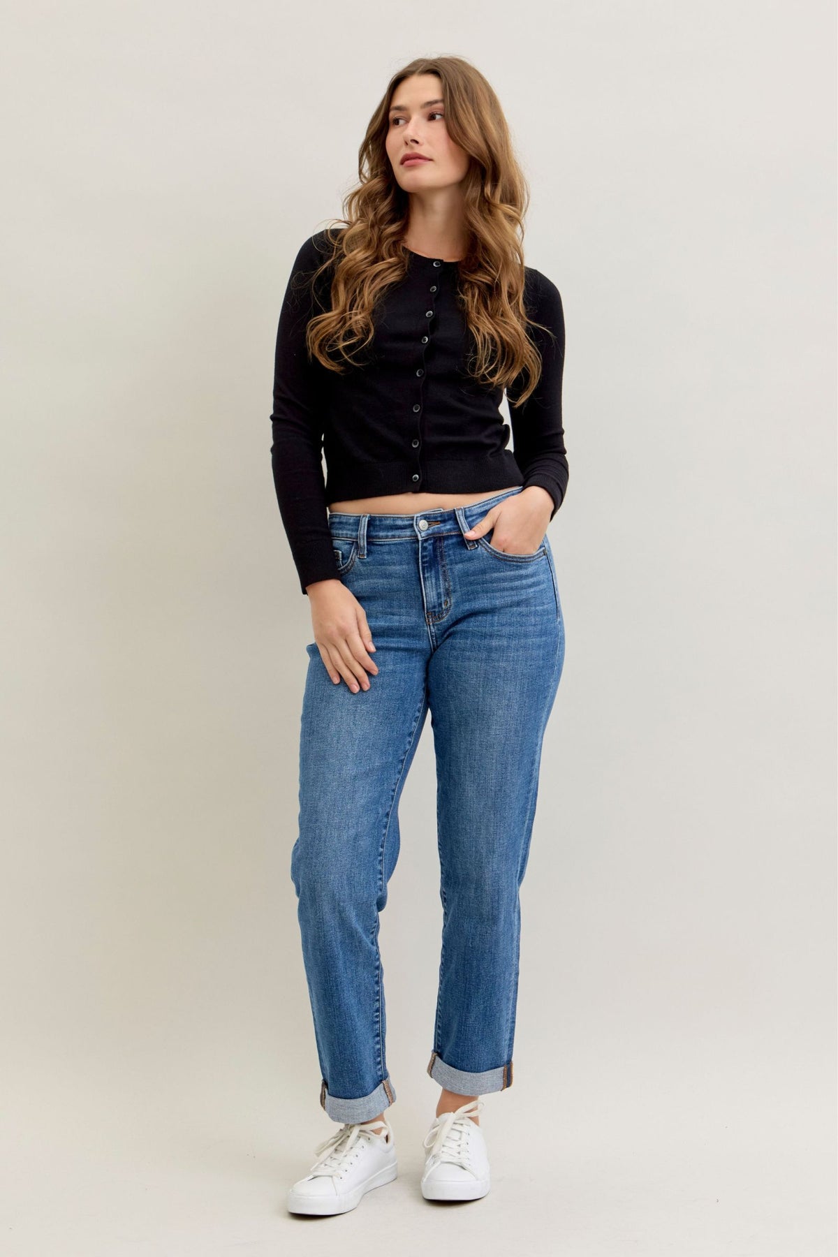 Judy Blue Mid Rise Embroidered Cuffed Boyfriend Jeans