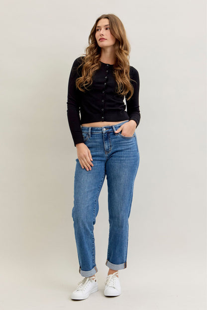 Judy Blue Mid Rise Embroidered Cuffed Boyfriend Jeans