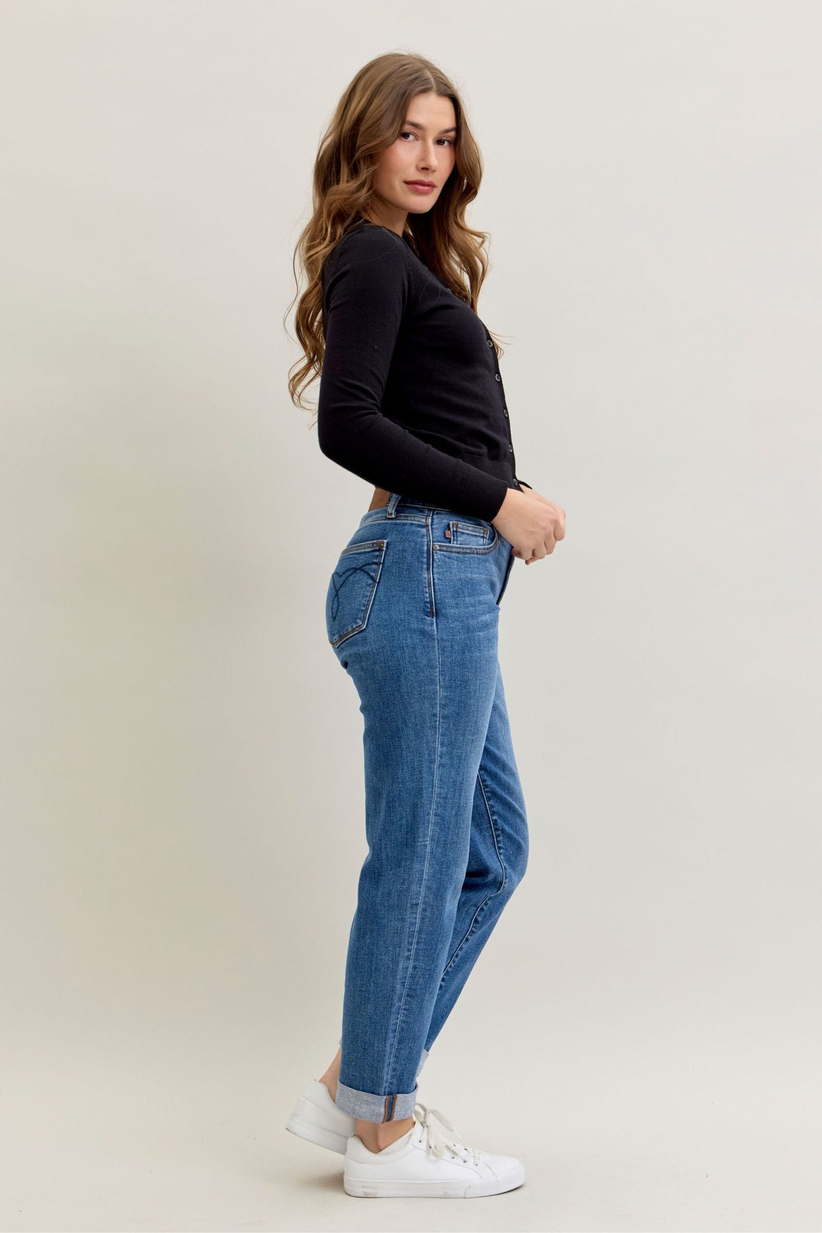 Judy Blue Mid Rise Embroidered Cuffed Boyfriend Jeans