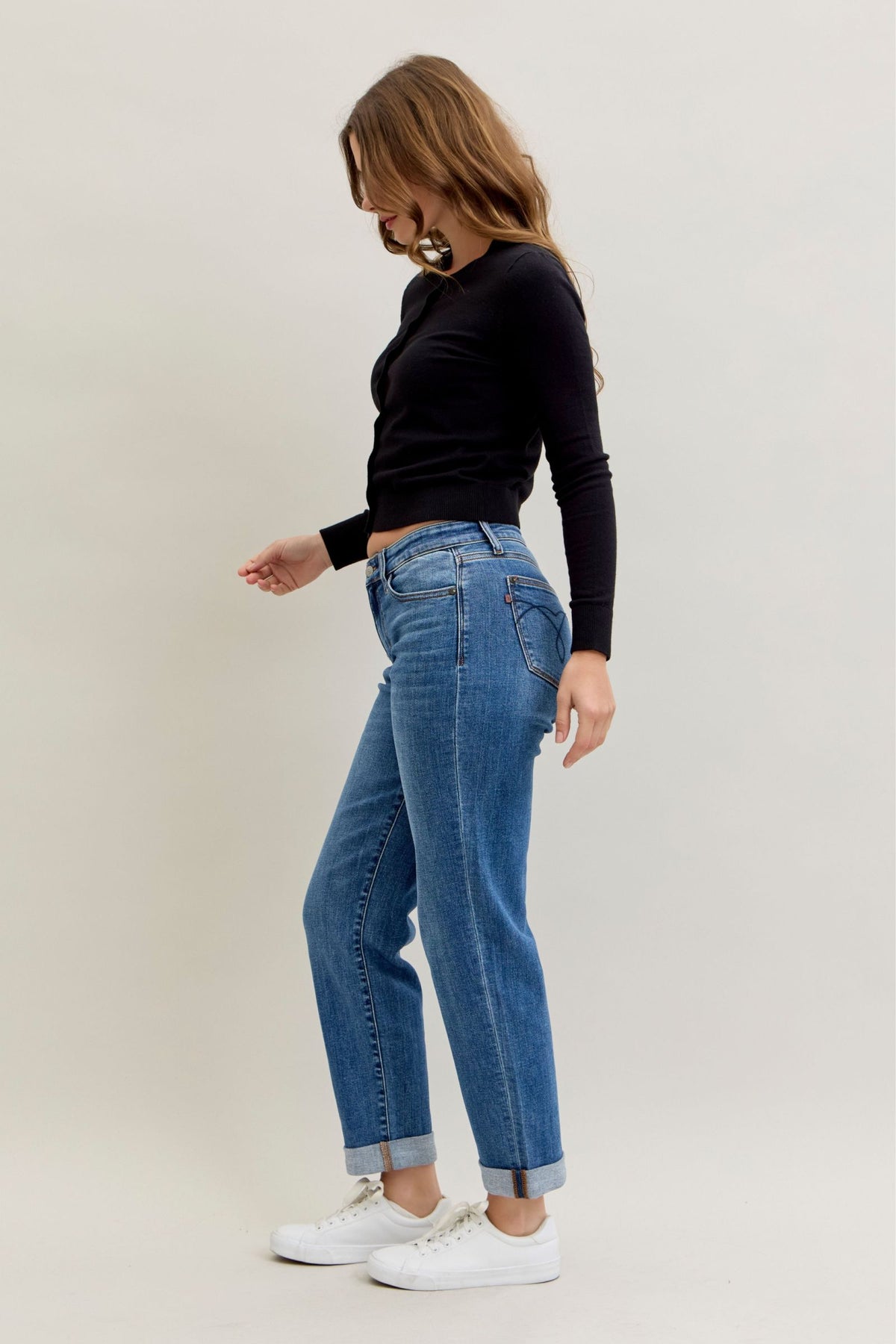 Judy Blue Mid Rise Embroidered Cuffed Boyfriend Jeans