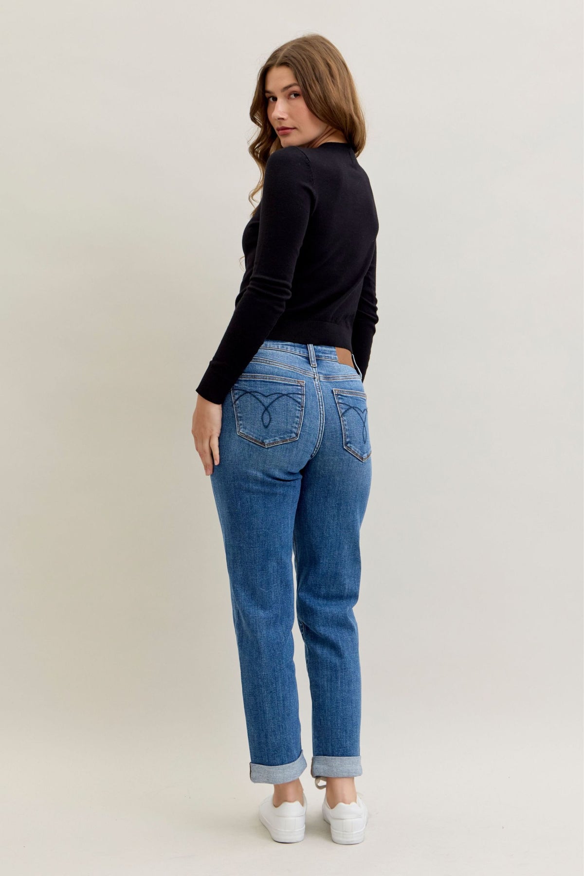 Judy Blue Mid Rise Embroidered Cuffed Boyfriend Jeans