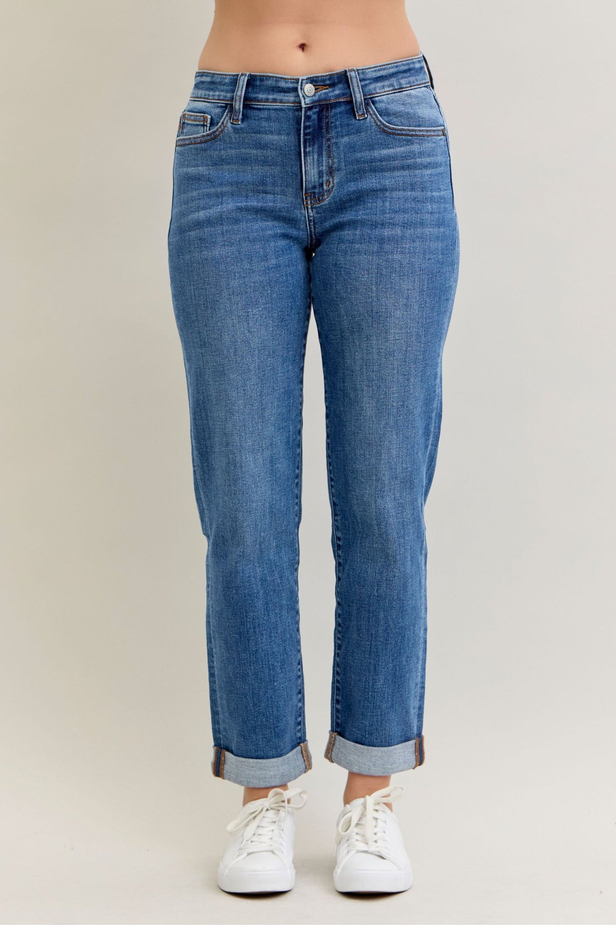 Judy Blue Mid Rise Embroidered Cuffed Boyfriend Jeans