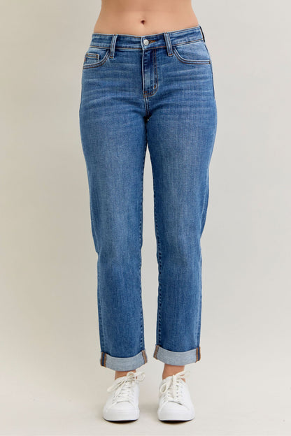 Judy Blue Mid Rise Embroidered Cuffed Boyfriend Jeans