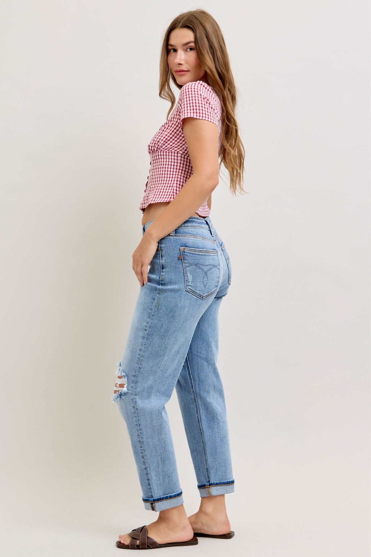 Judy Blue Mid Rise Distressed Cuffed Boyfriend Jeans
