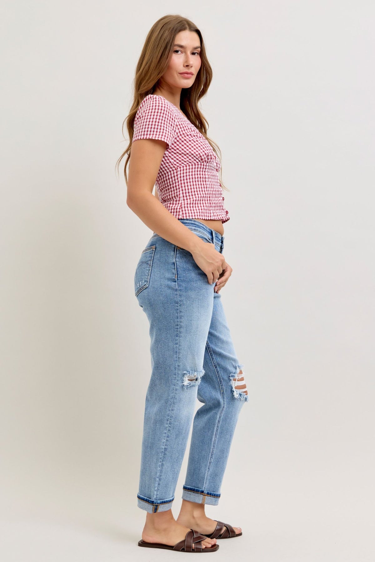 Judy Blue Mid Rise Distressed Cuffed Boyfriend Jeans