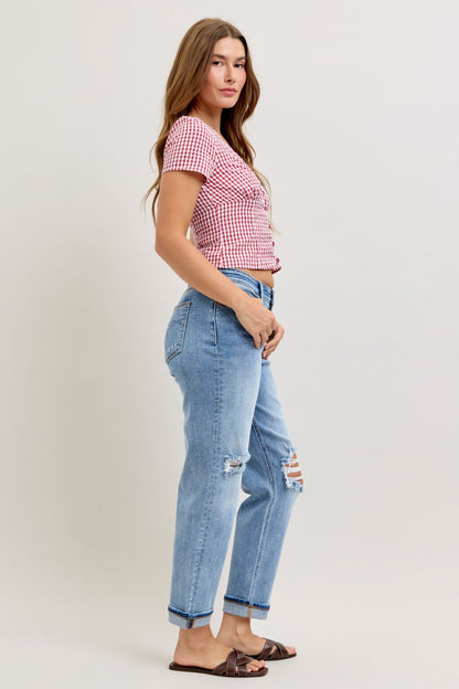 Judy Blue Mid Rise Distressed Cuffed Boyfriend Jeans