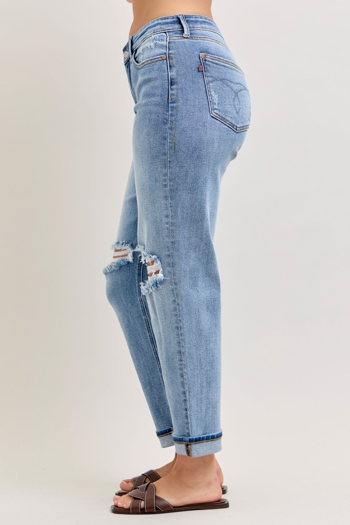 Judy Blue Mid Rise Distressed Cuffed Boyfriend Jeans