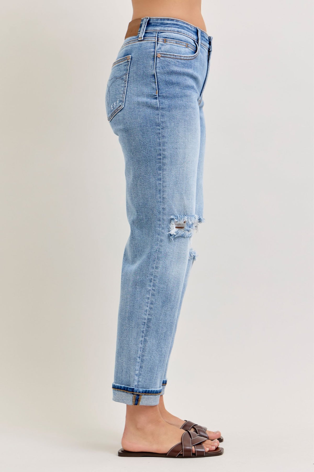 Judy Blue Mid Rise Distressed Cuffed Boyfriend Jeans