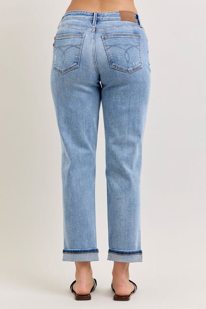 Judy Blue Mid Rise Distressed Cuffed Boyfriend Jeans