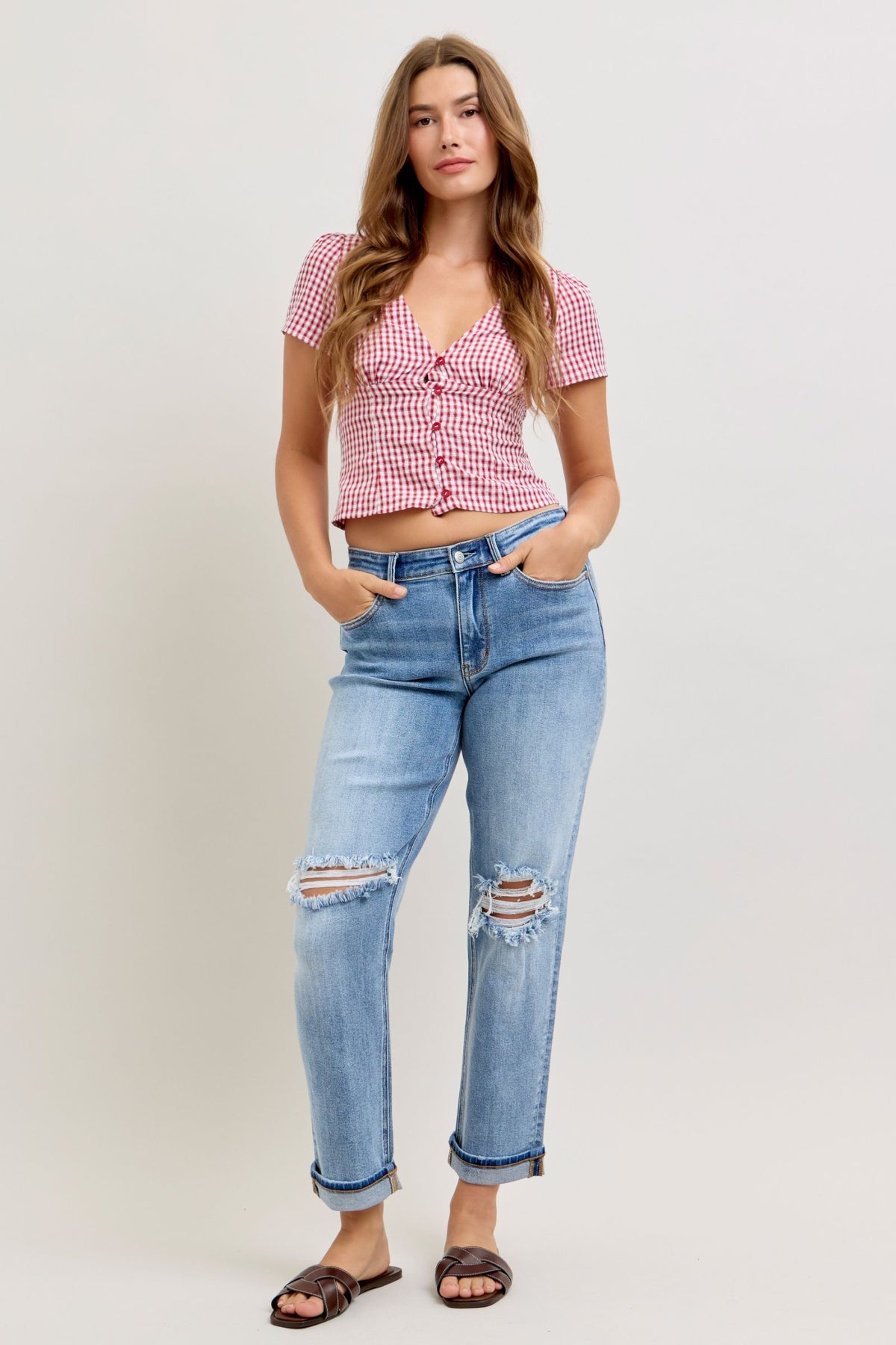 Judy Blue Mid Rise Distressed Cuffed Boyfriend Jeans