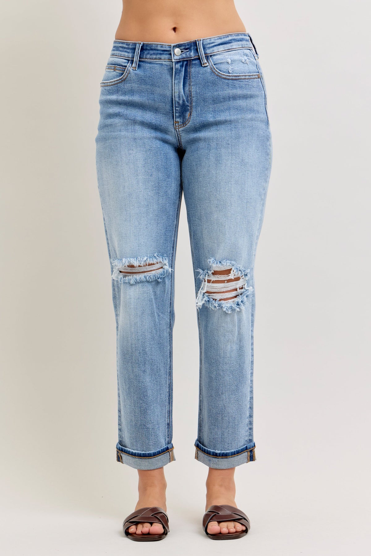 Judy Blue Mid Rise Distressed Cuffed Boyfriend Jeans