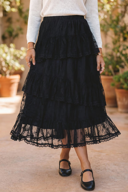 Black Ruffled Lace Midi Skirt