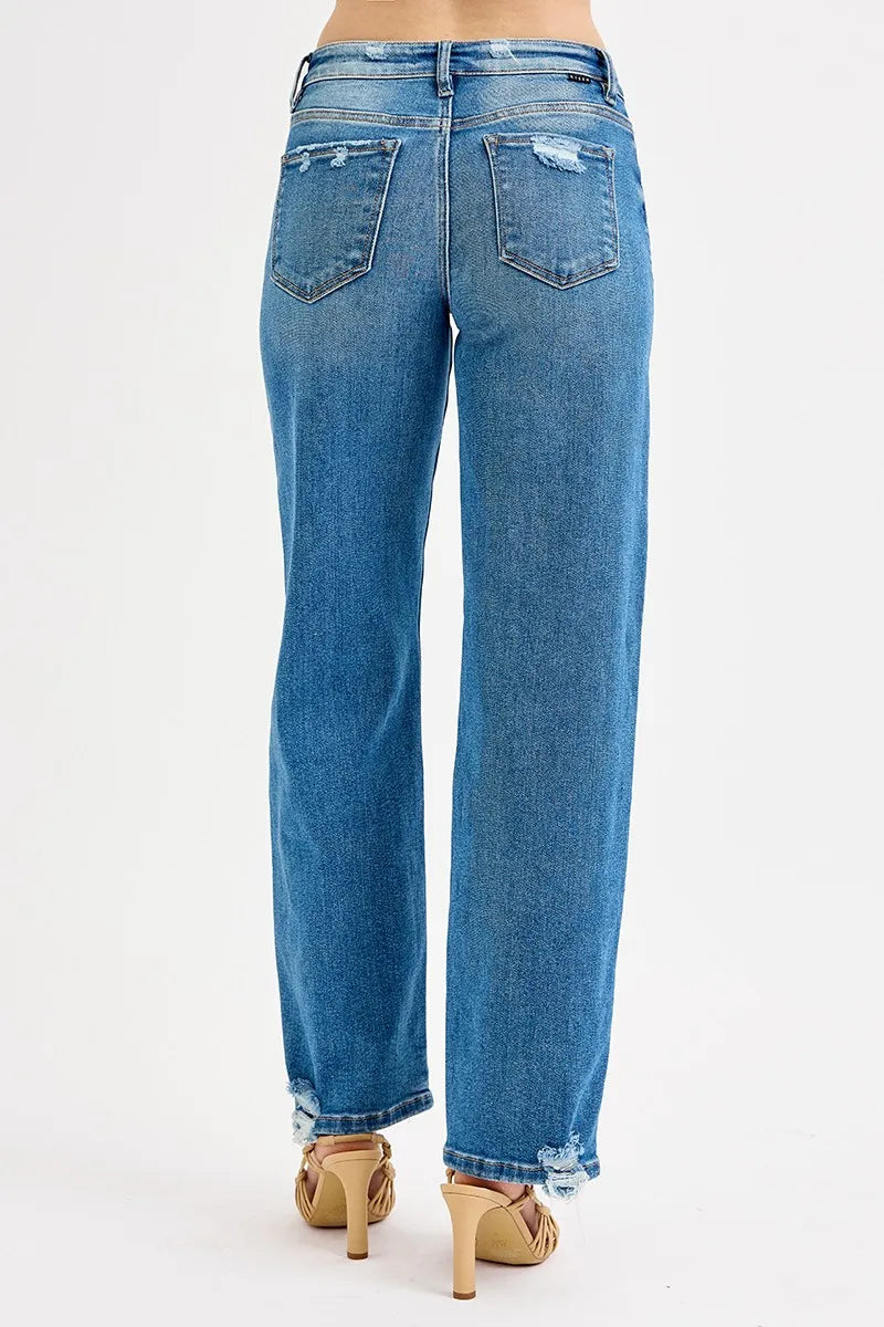 RISEN Mid Rise Raw Hem Baggy Jeans