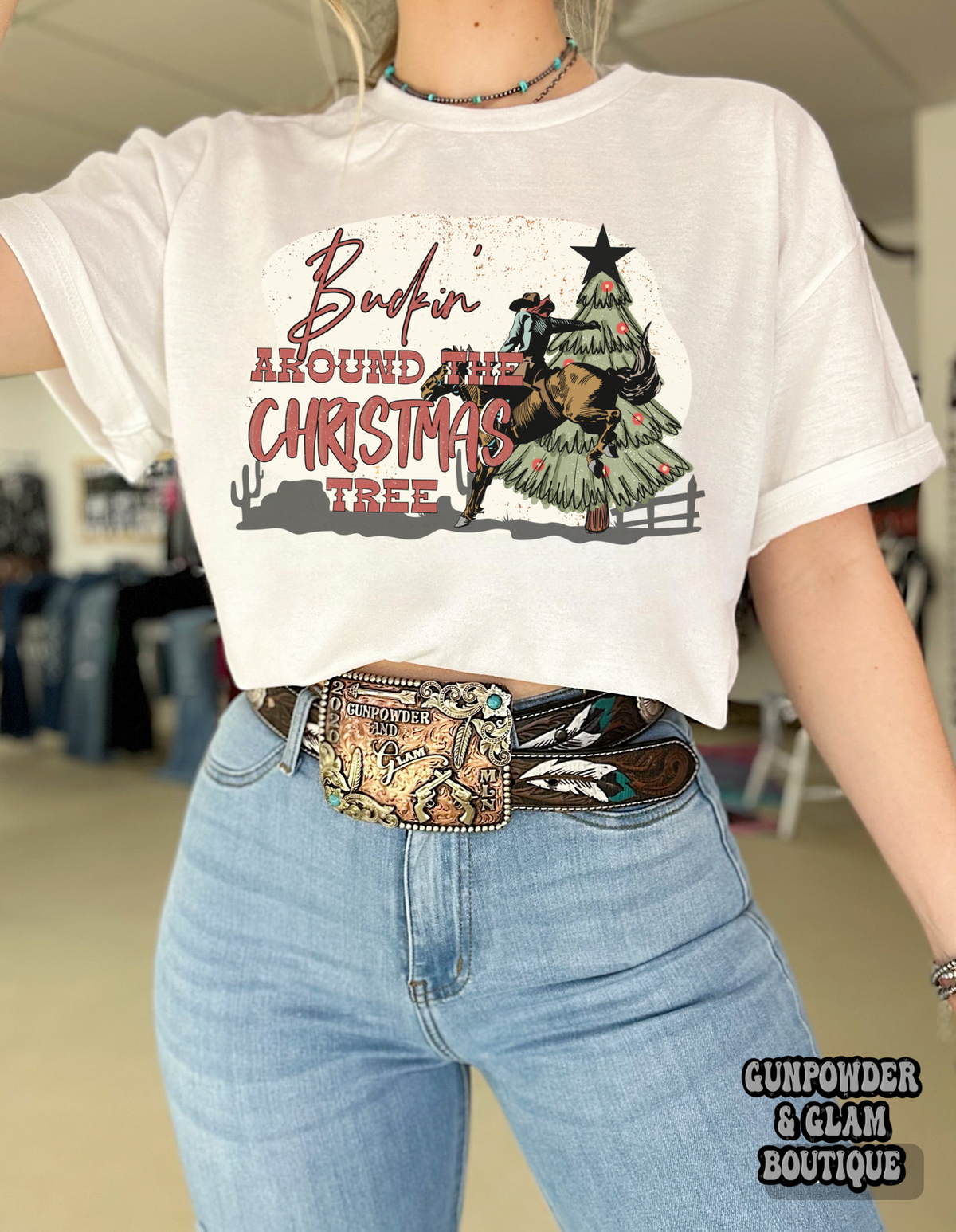 Buckin’ Around the Christmas Tree Tee or Crewneck