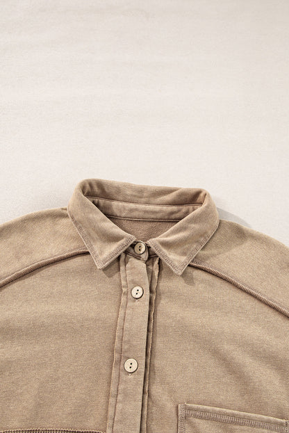 Solid Mineral Wash Waffle Knit Patchwork Shacket