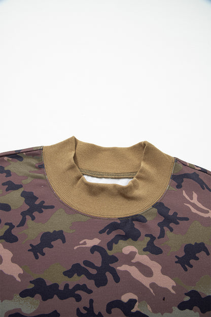 Green Camouflage Print High Neck Long Sleeve Oversized Shift Silhouette Tunic Length Plus Size Sweatshirt