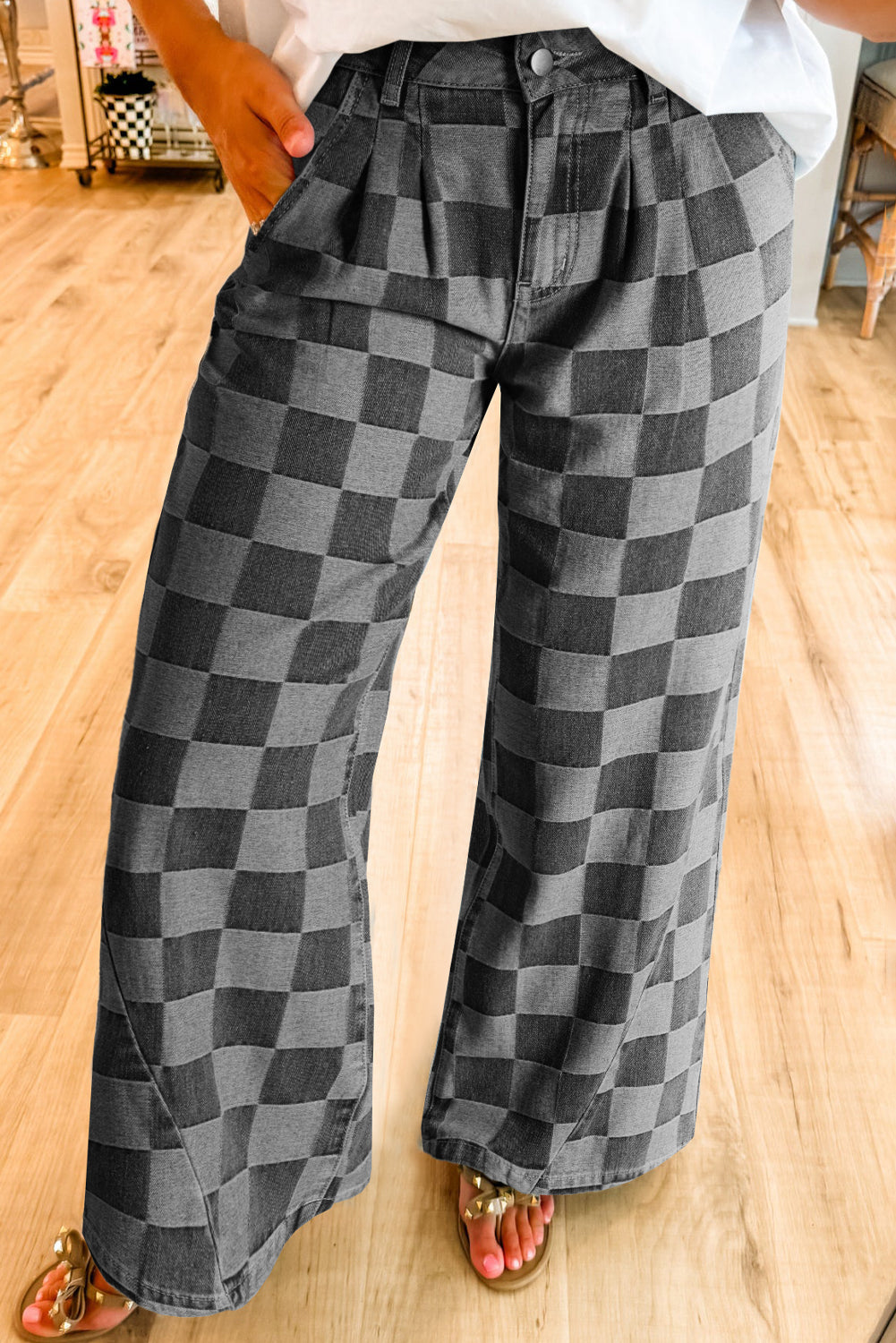 Hay Bale Checkered Denim Wide Leg Jeans