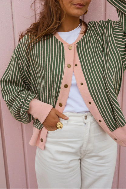 Green Stripe V-Neck Cardigan