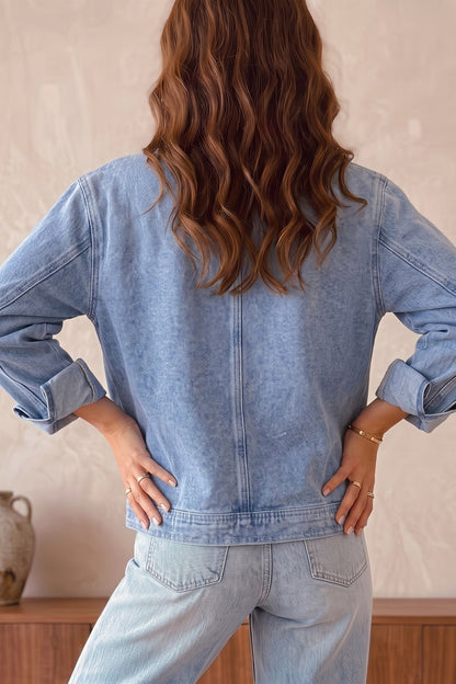 Beau Blue Studded Zip-Up Denim Jacket