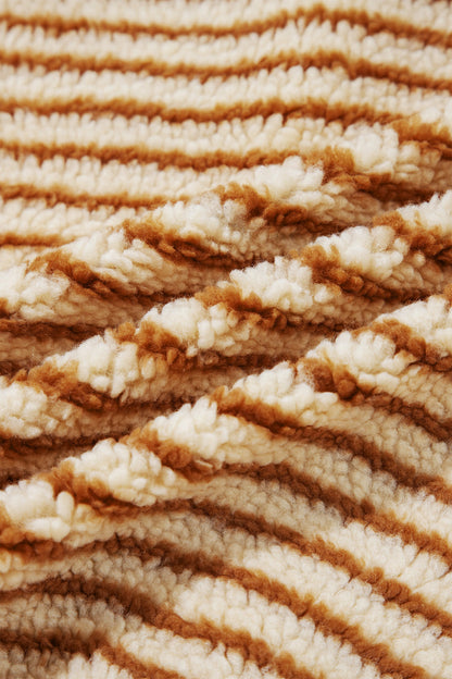 Brown Stripe Ruffle Collar Fleece Jacket