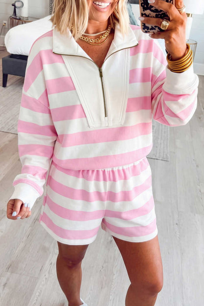 Pink Stripe Quarter-Zip Shorts Set